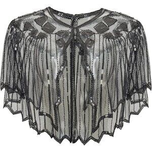 🆕 Women Black Sequin Beaded Evening Cape Zig Zag Themed Party Dress Shawl Wraps
